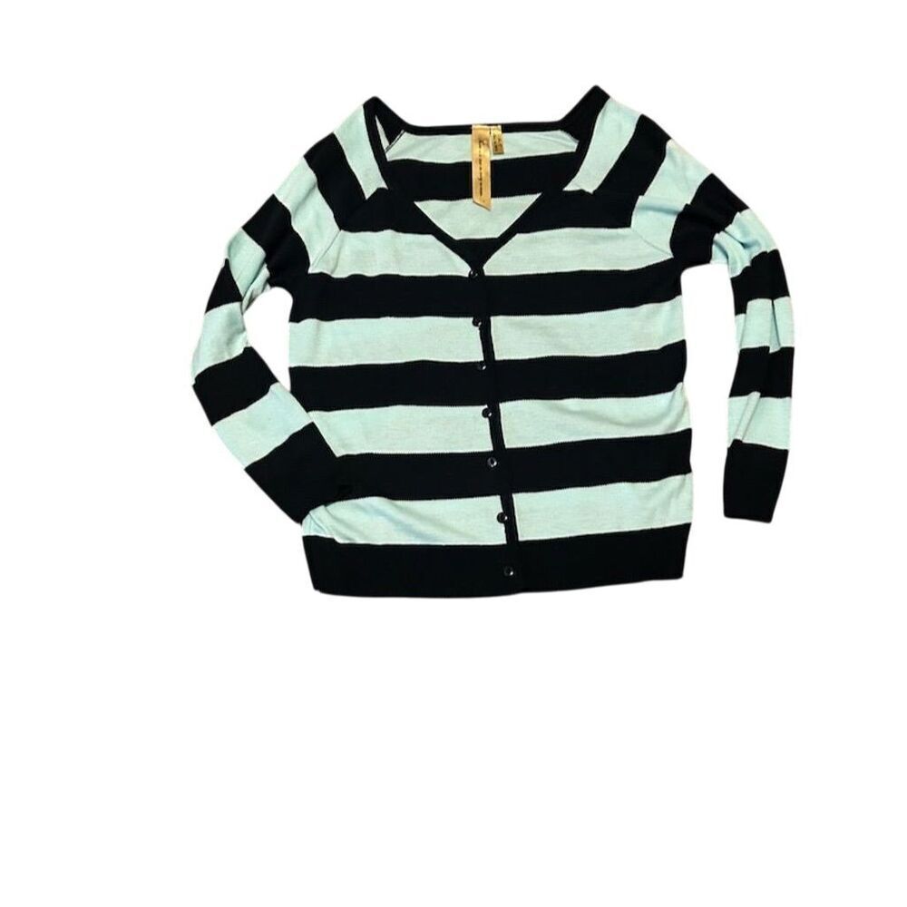 Women's Striped Button-Up Cardigan Sweater Black V-Neck Size L